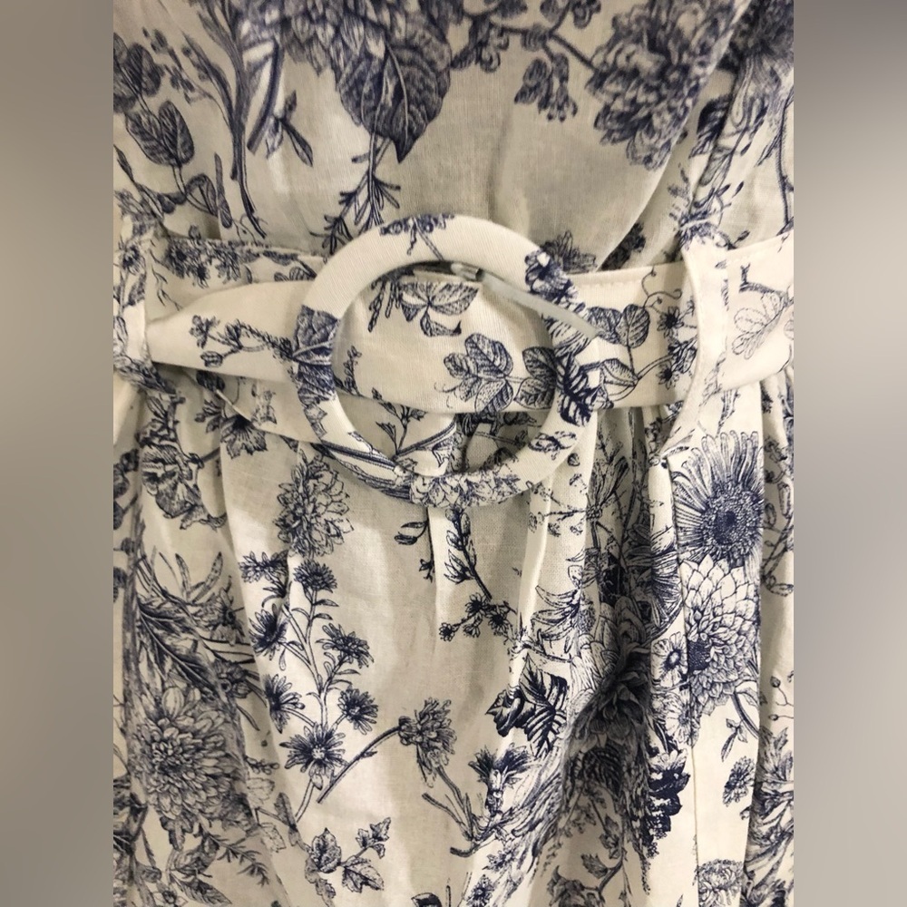 Cream‎ blue floral puff sleeve belted smocked square neck nap dress size medium - Picture 5 of 17